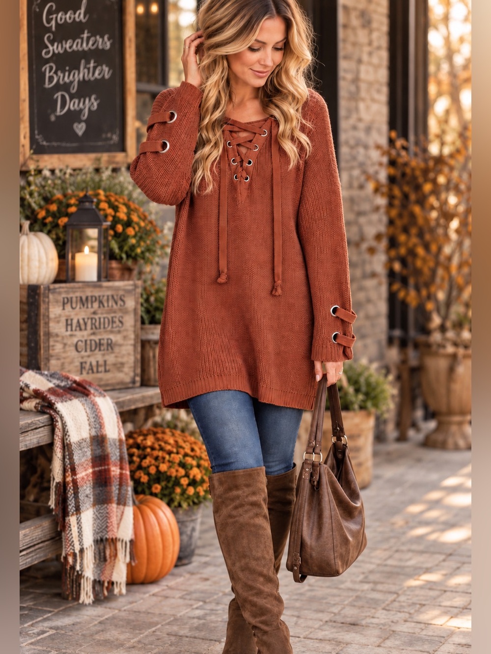 Military Hippie Rust Knit Tunic Sweater Lace Up V-Neck Grommet
Details